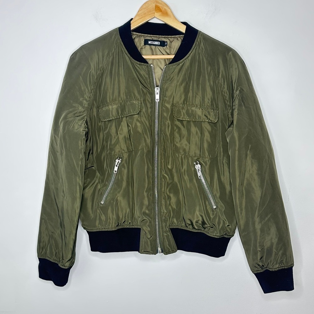 Missguided Olive Green Bomber Jacket‎ Zip Front Utility Pockets Women Size 8